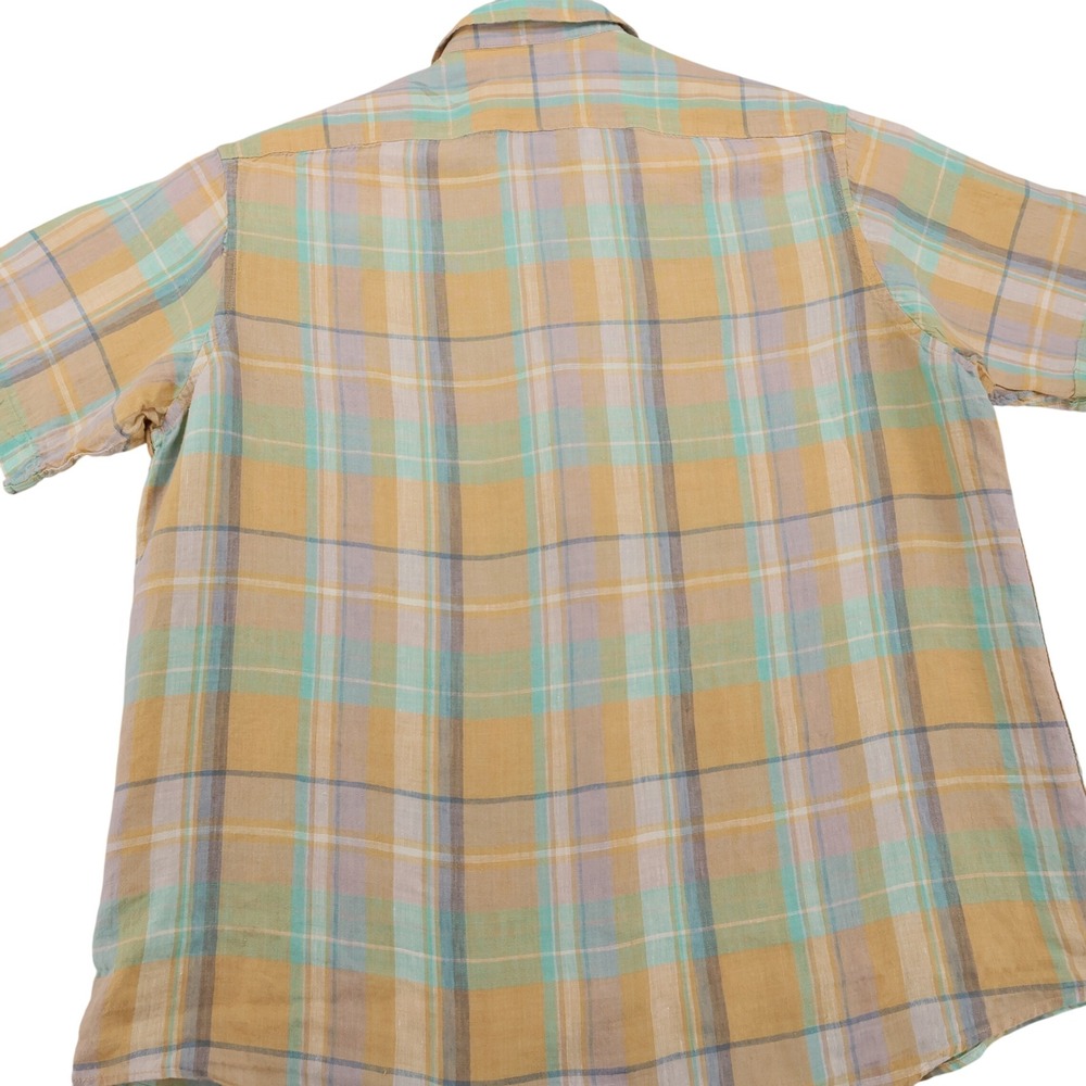 Lands End Mens Large 100% Linen Short Sleeve Button Down Plaid Shirt Yellow Teal - Picture 4 of 7